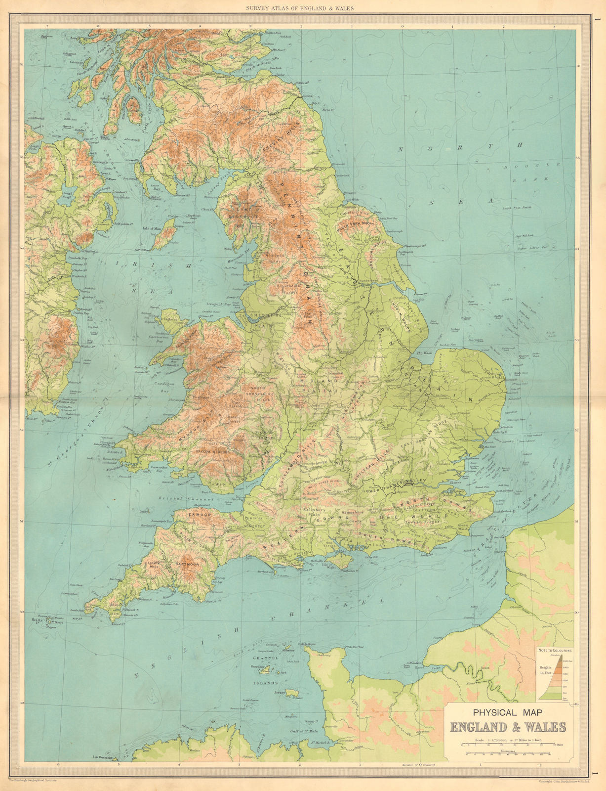 ENGLAND AND WALES Physical Map. Mountains elevation. LARGE BARTHOLOMEW 1939